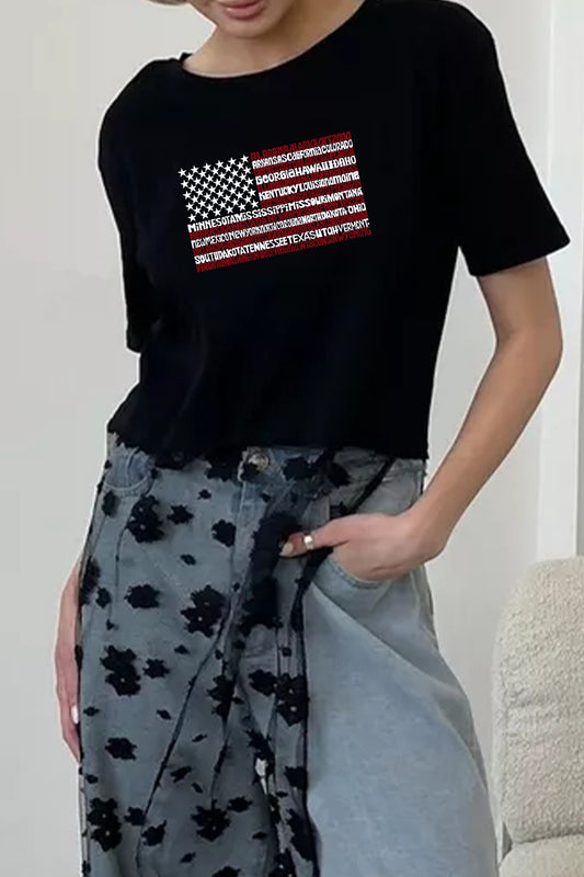 Patriotic Flag Graphic Tee Lace Patchwork Top