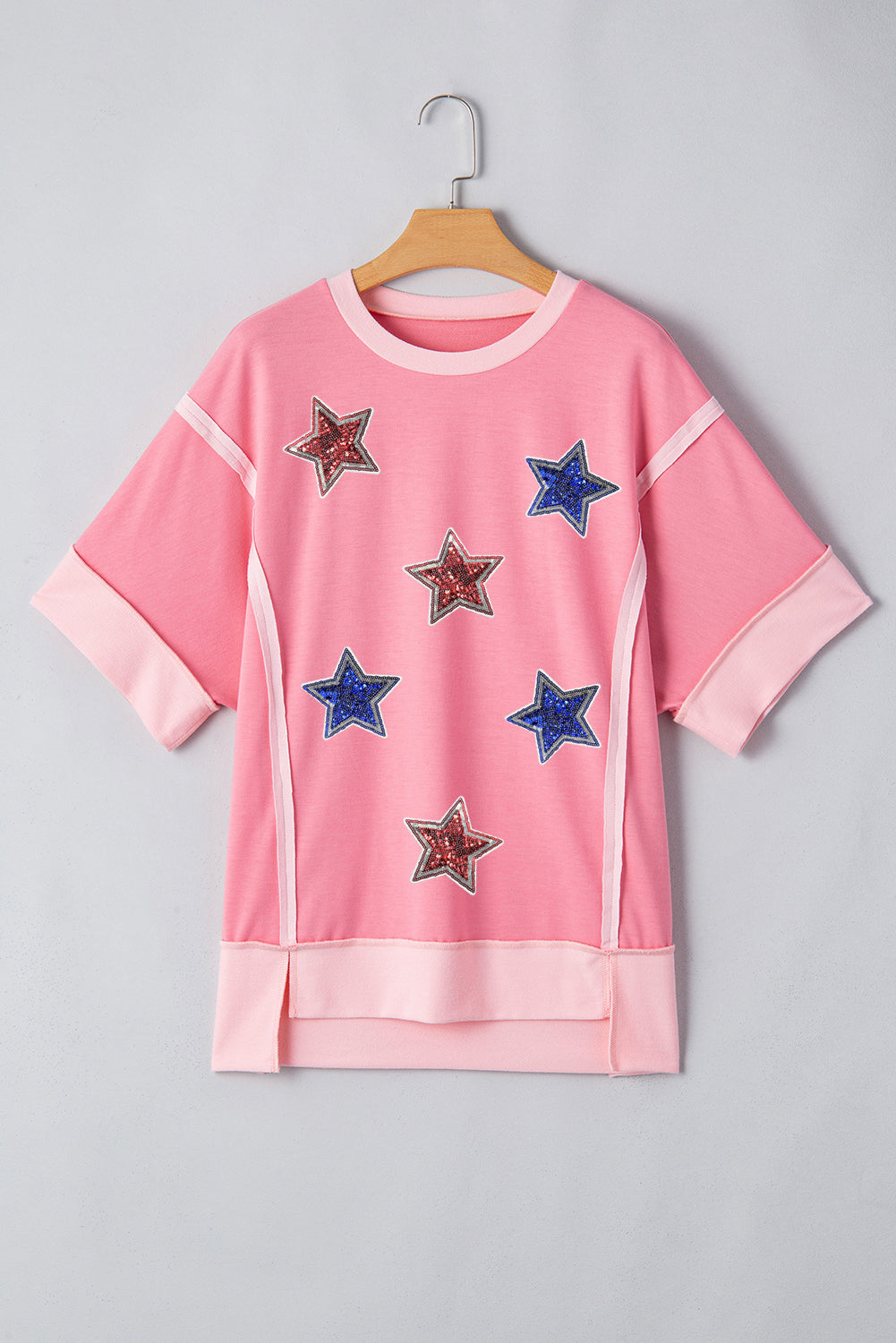 Peach Blossom Independence Day Sequin Star Graphic Contrast Patchwork Tee