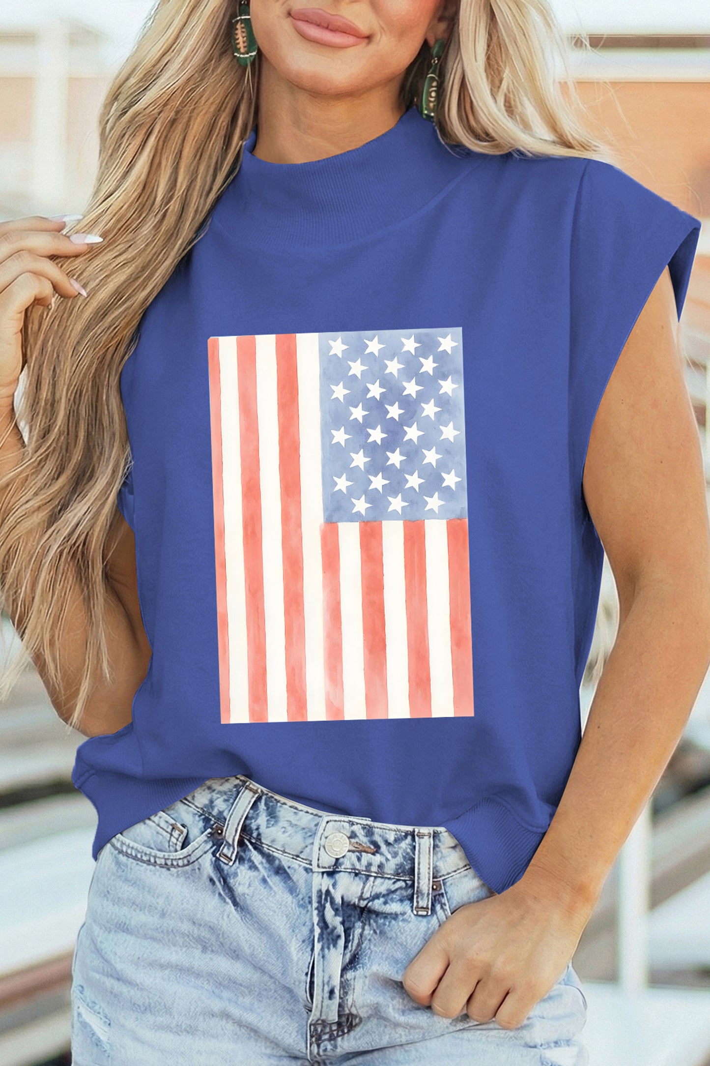 Sky Blue Retro American Flag Printed Mock Neck Tee