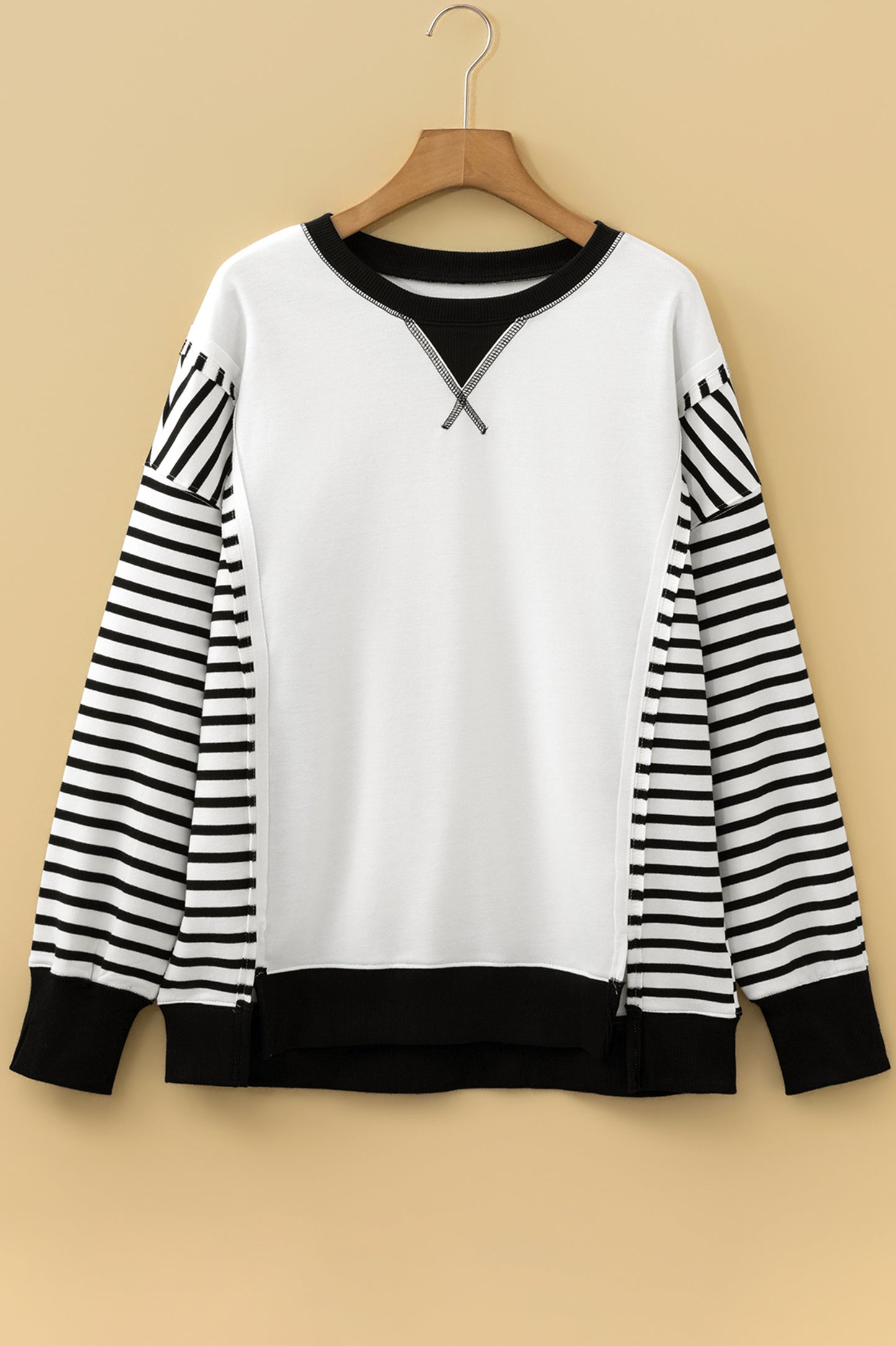 Red Stripe Sleeve Patchwork Casual Knit Top
