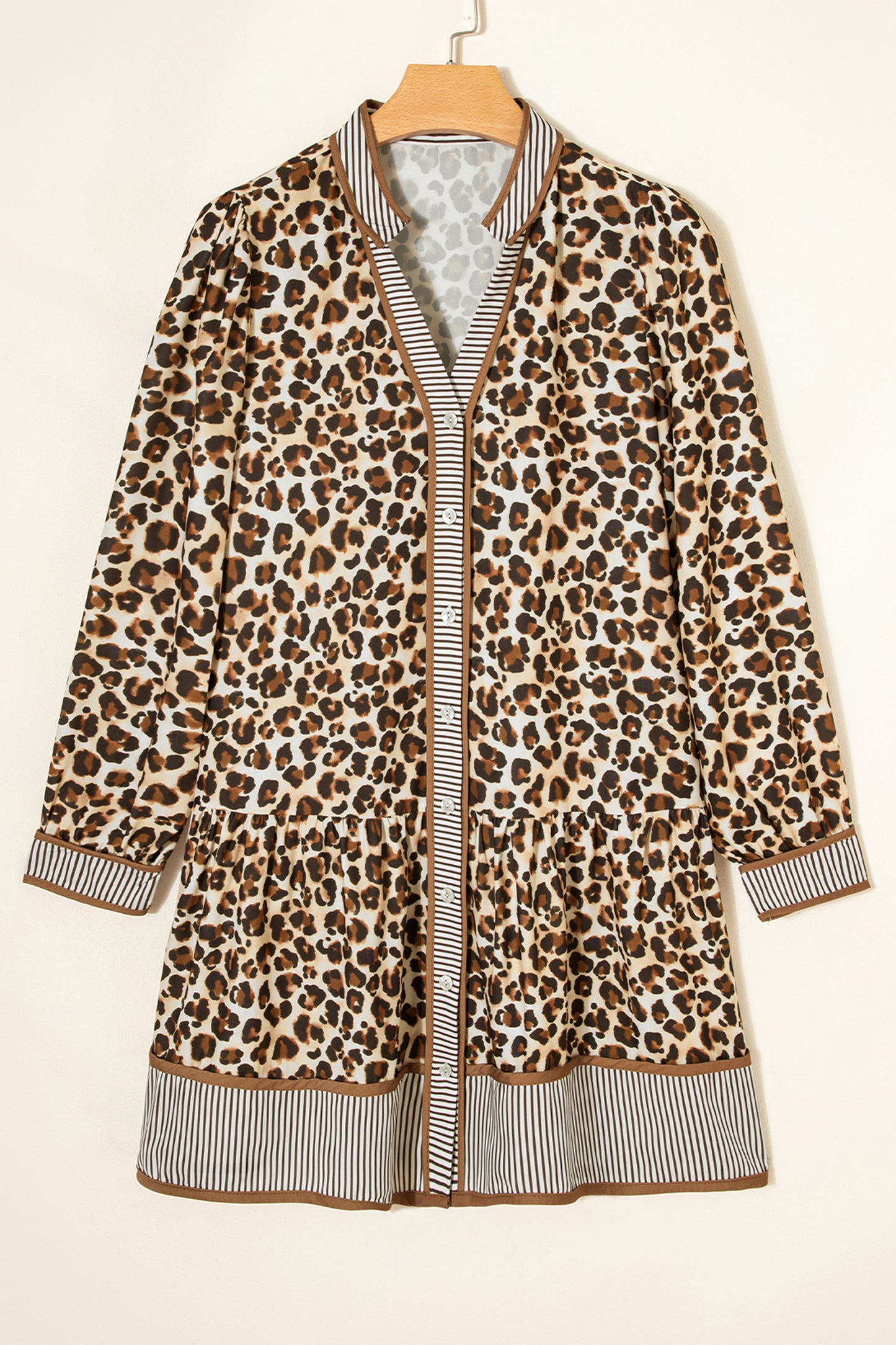 Brown Leopard Print Striped Patchwork 3/4 Sleeve Loose Mini Dress