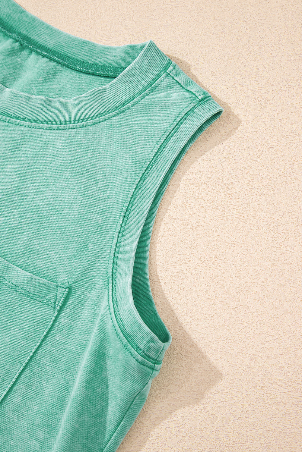 Sea Green Mineral Wash Patched Chest Pocket Casual Tank Top