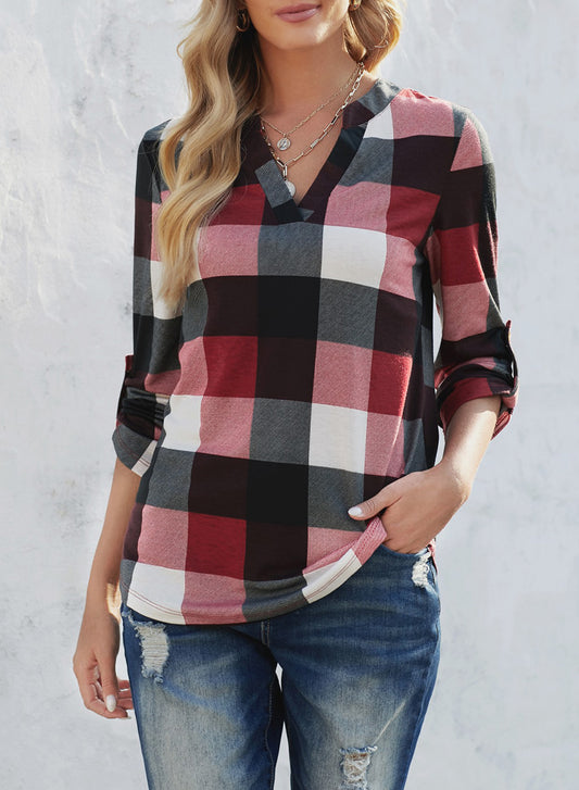 Women's Contrast Plaid V Neck Long Sleeve Top