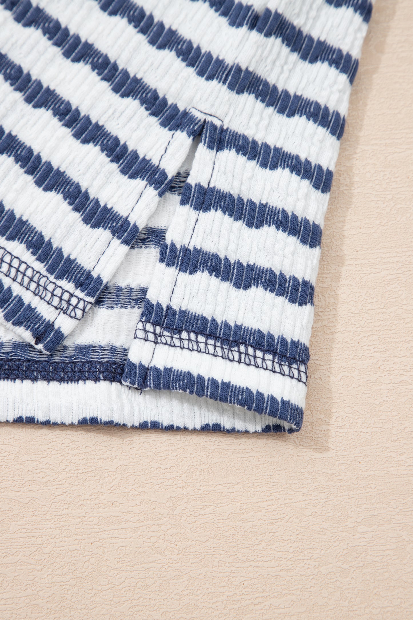 Apricot Stripe Textured Knit Split Hem Half Sleeve Loose Top