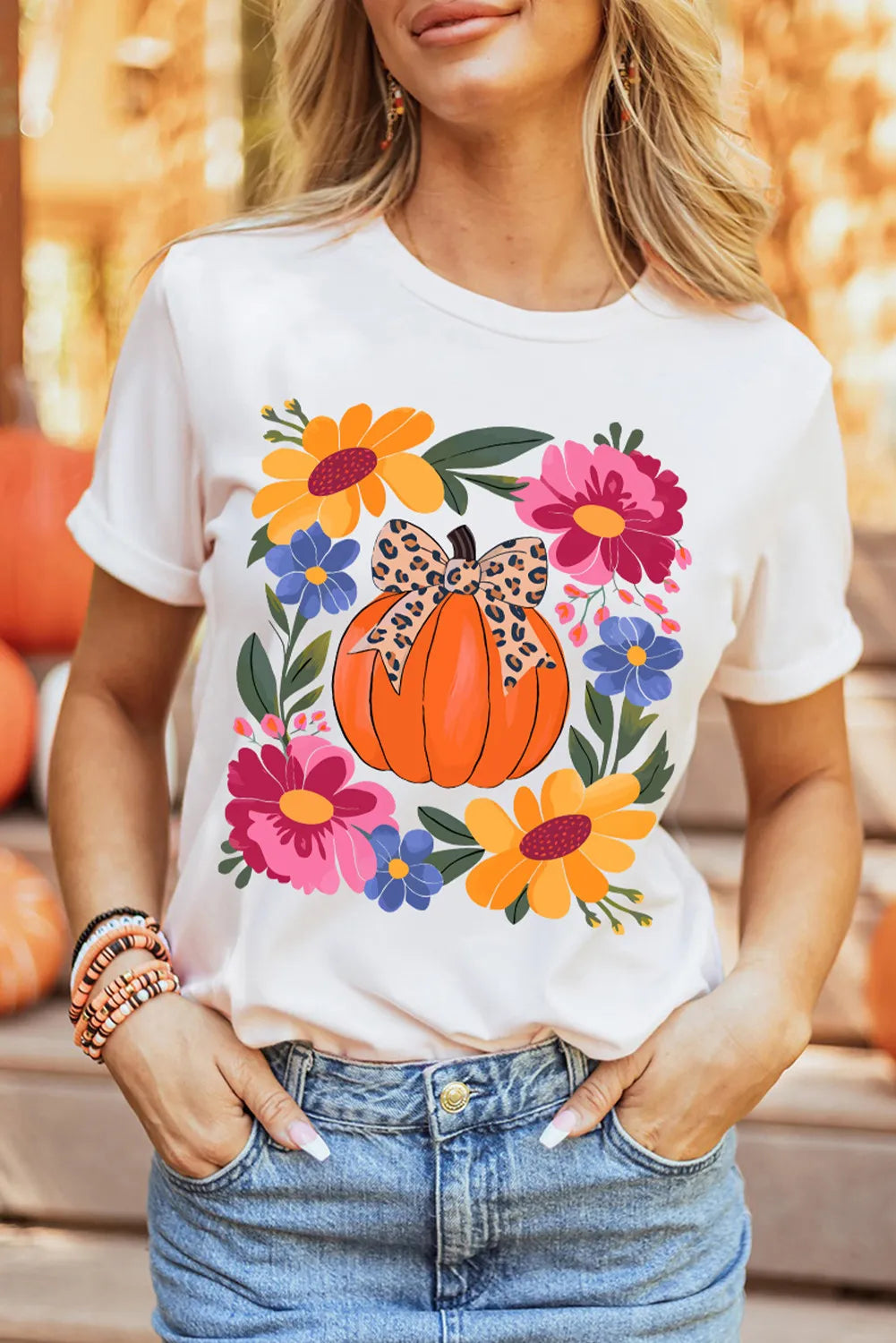 White Pumpkin Floral Graphic Thanksgiving Holiday T Shirt
