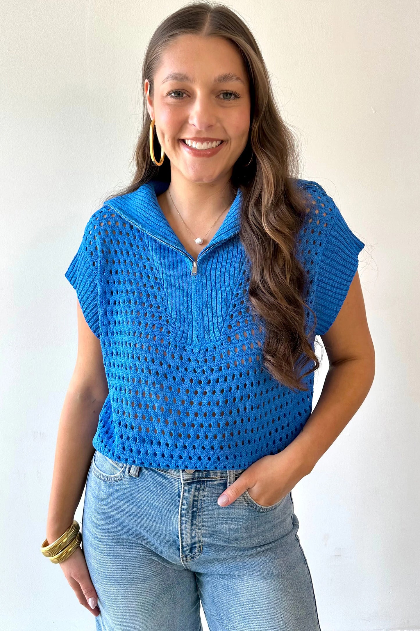 Sky Blue Solid Color Hollowed Knit Short Sleeve Zipper Collar Knitwear Top