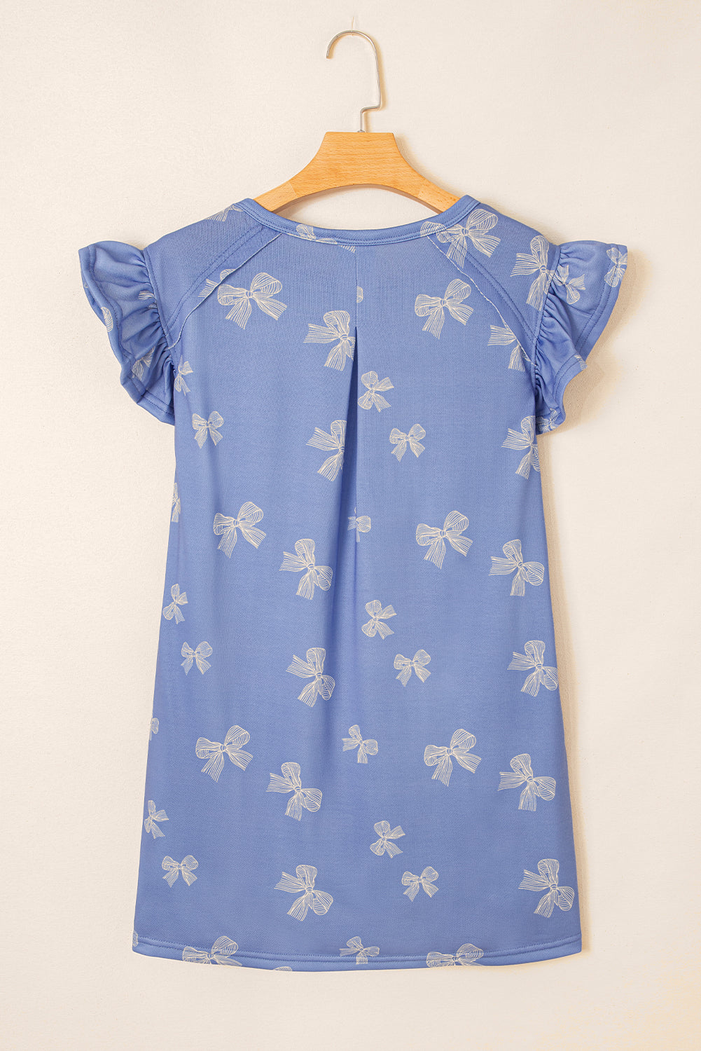 Sky Blue Bow Knot Print Crewneck Ruffled Sleeve Shift Mini Dress