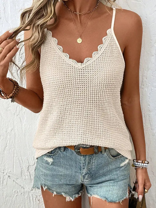 Women Knit Camisole Scallop Trim V Neck Tank Top