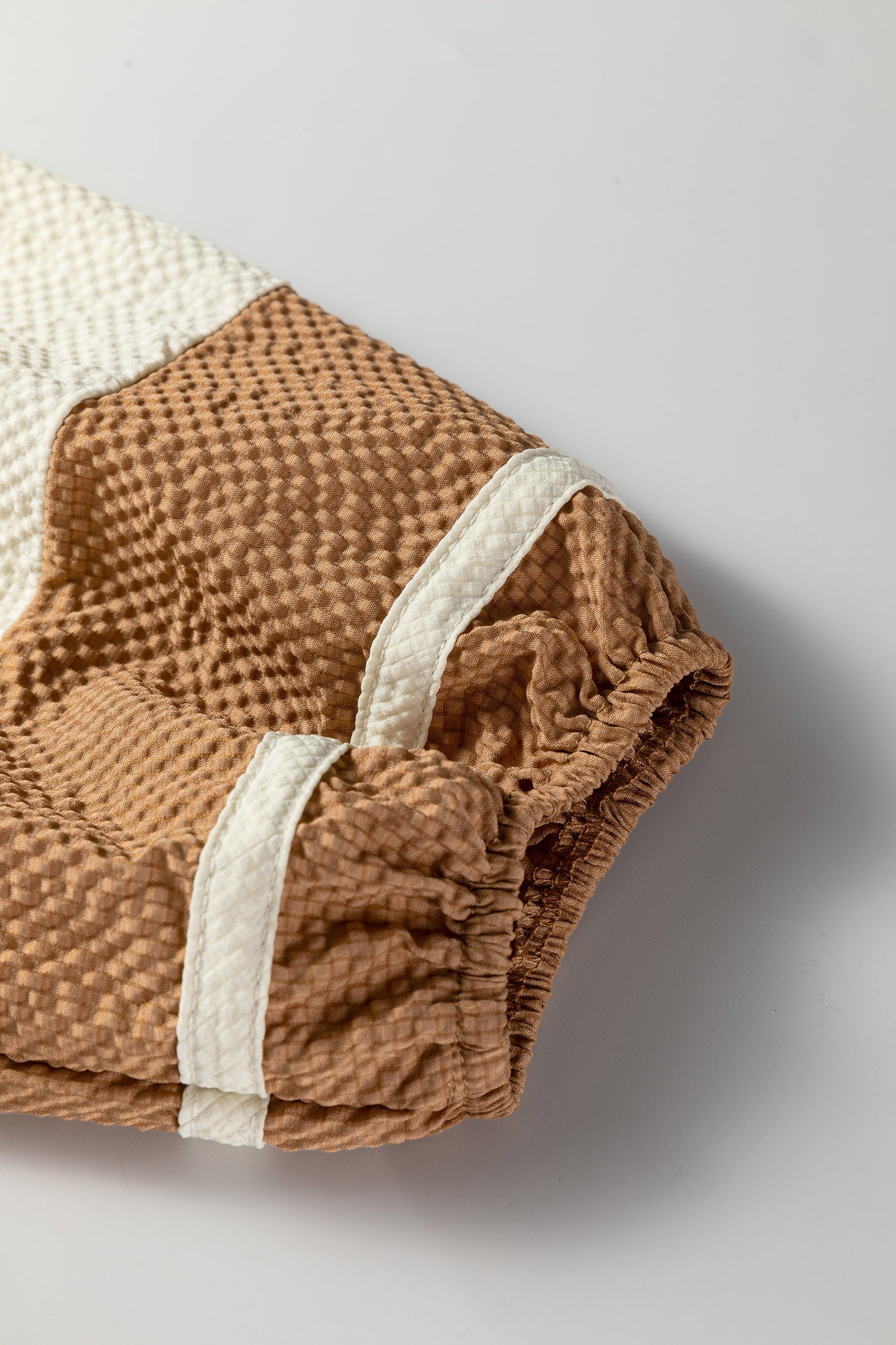 Jet Stream Color Block Patchwork Detail V Neck Textured Long Sleeve Blouse