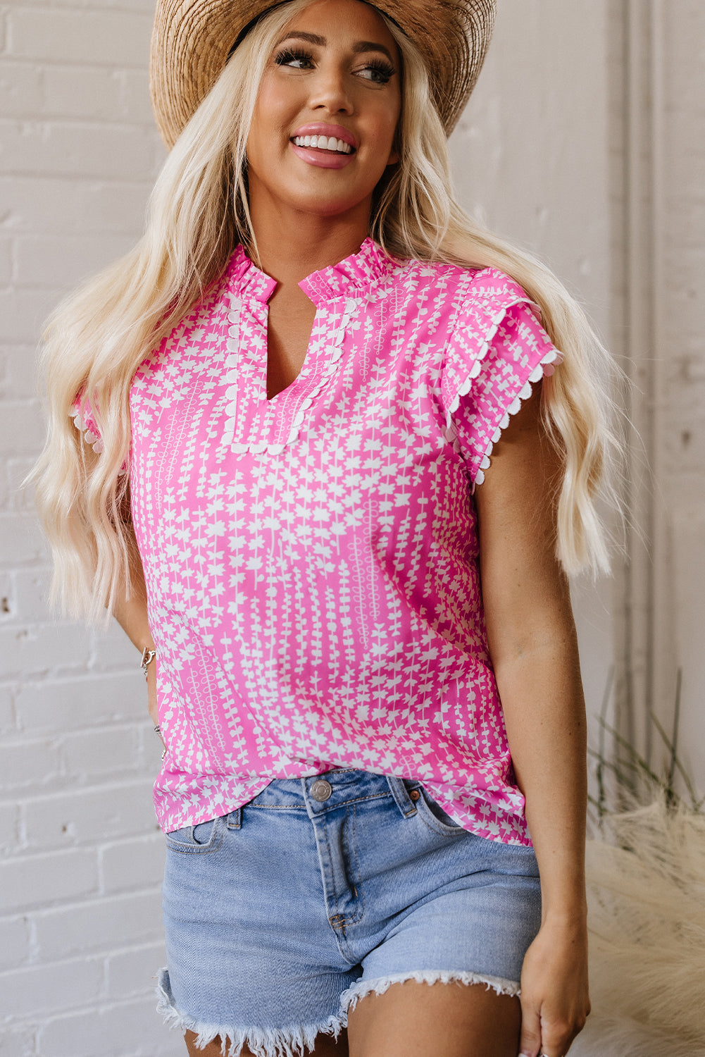 Abstract Print Ric Rac Trim Flutter Sleeve Notch V Neck Blouse