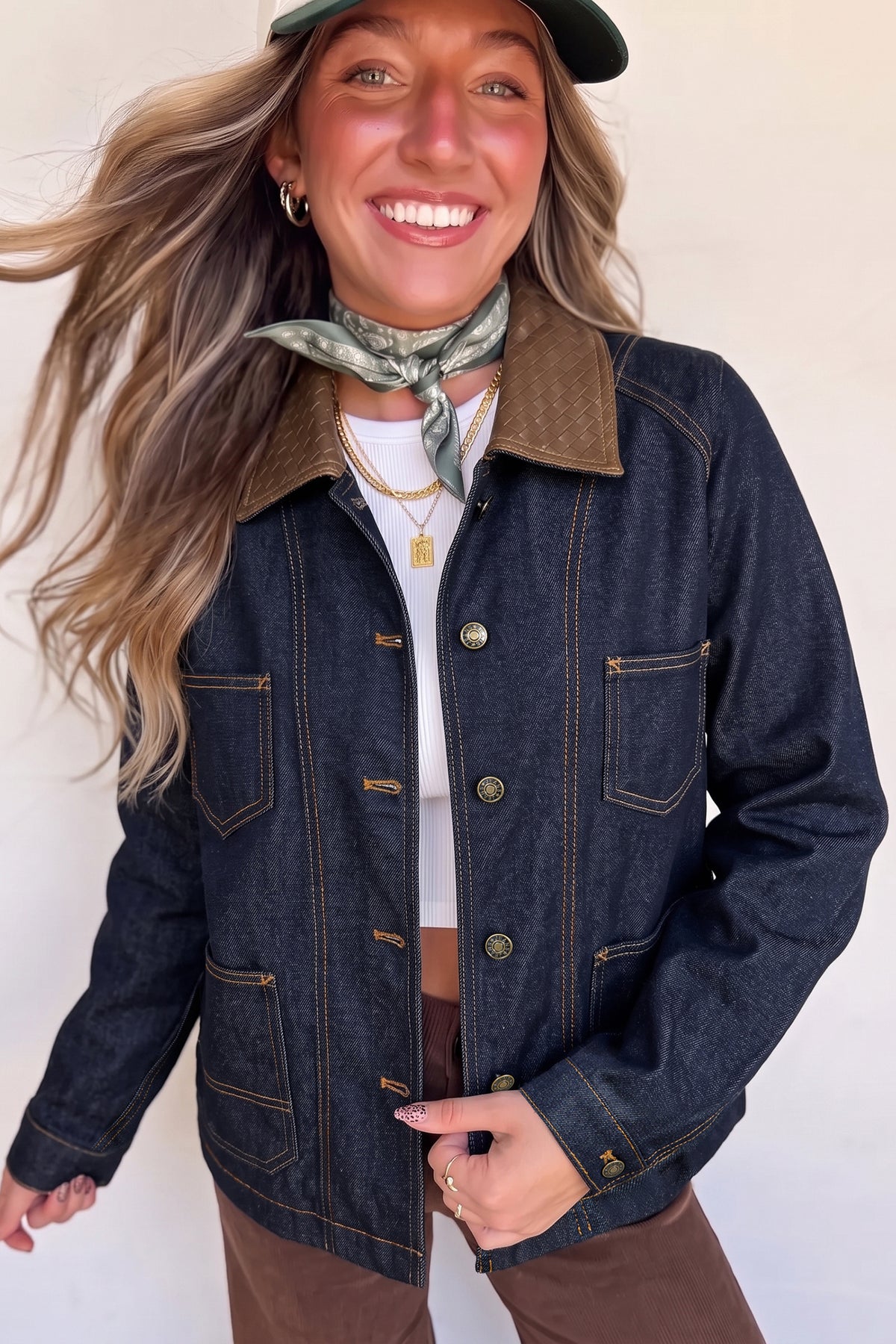 Navy Blue Contrast Collar Stitched Detail Button Denim Jacket