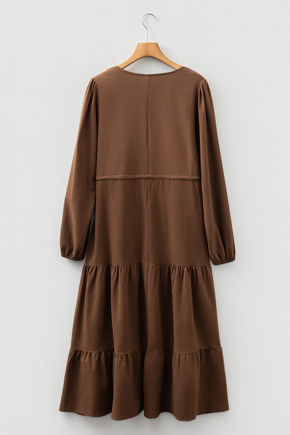 Chestnut Solid Long Sleeve Button V Neck Tiered Maxi Dress