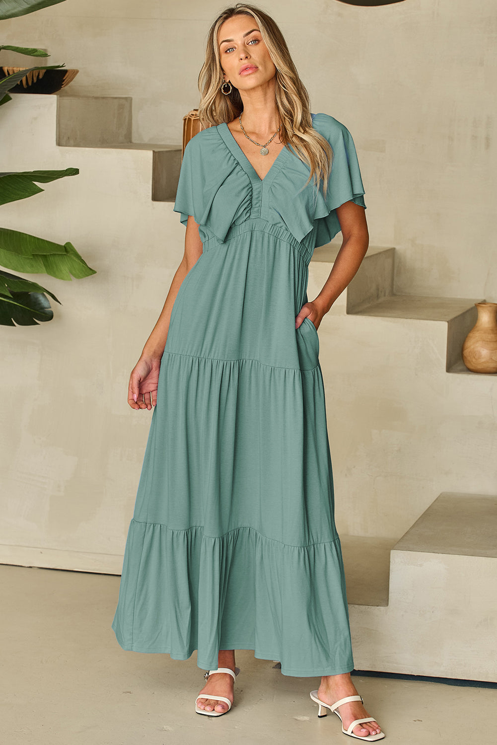 Green Textured V Neck Flutter Sleeve Ruffled Maxi Dress