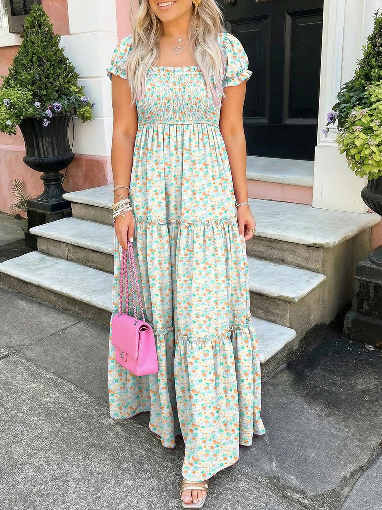 Purple Floral Short Bubble Sleeve Shirred High Waist Maxi Dress