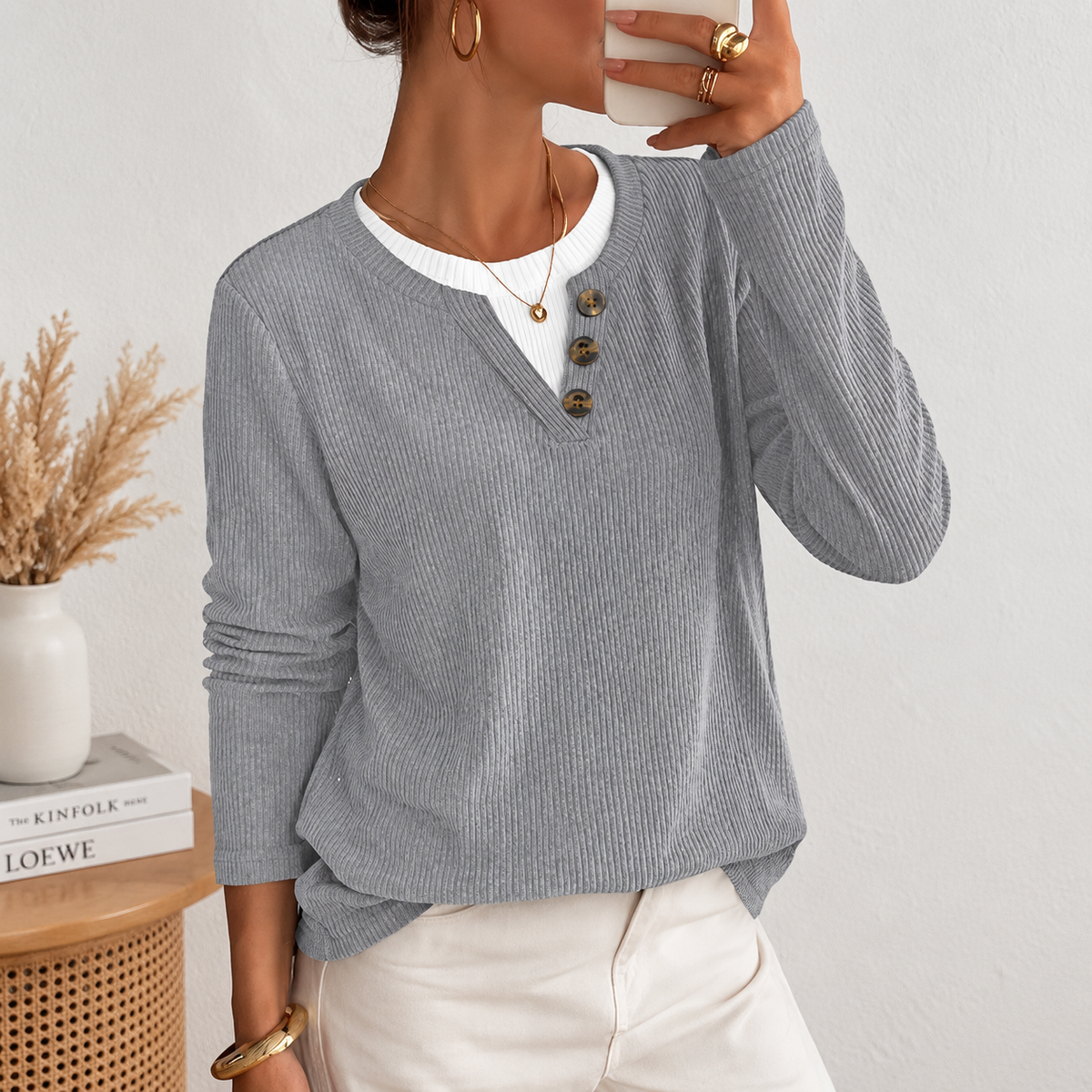 Women's Color Block Ribbed Button Long Sleeve Top