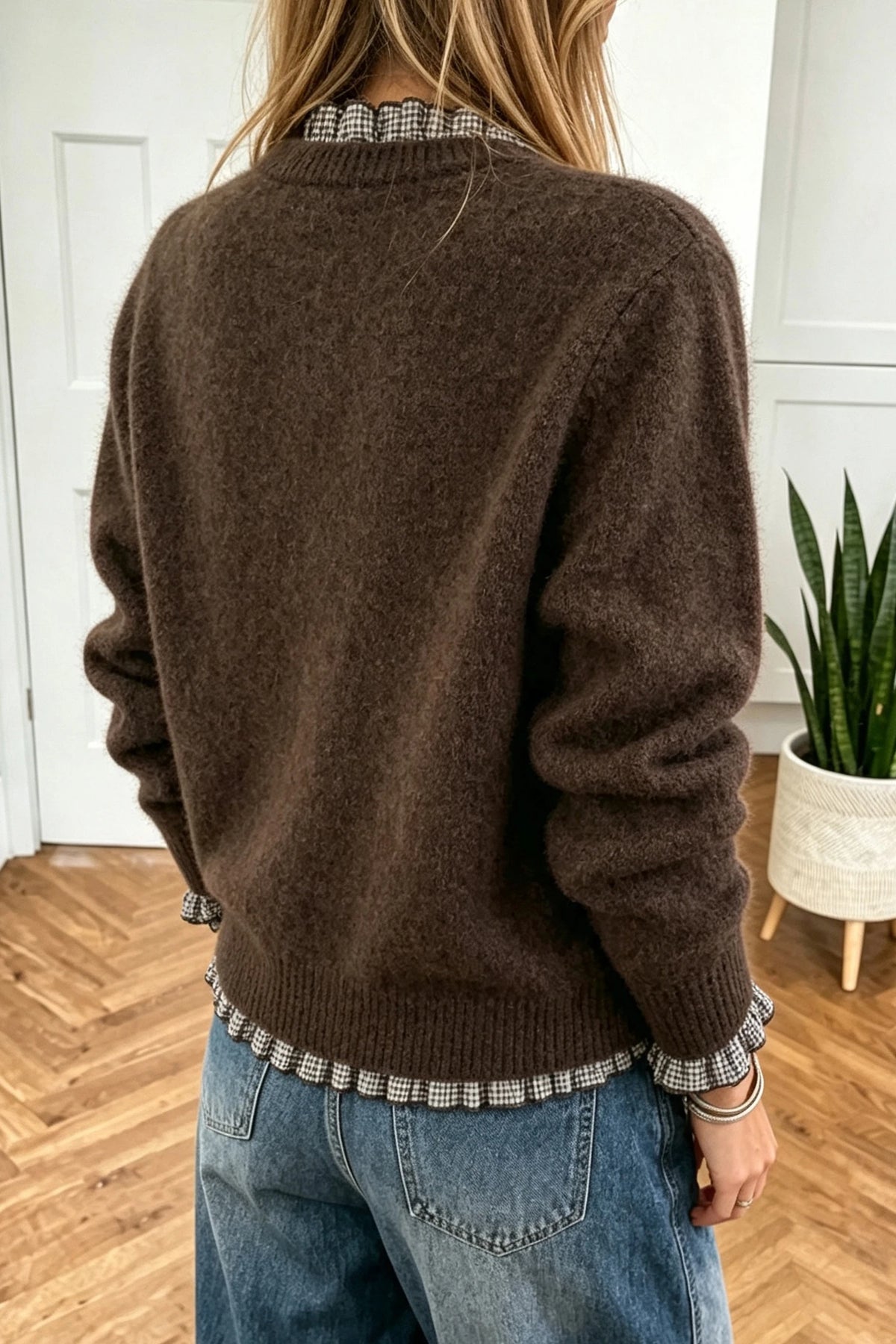 Chicory Coffee Contrast Plaid Ruffle Trim Pullover Sweater