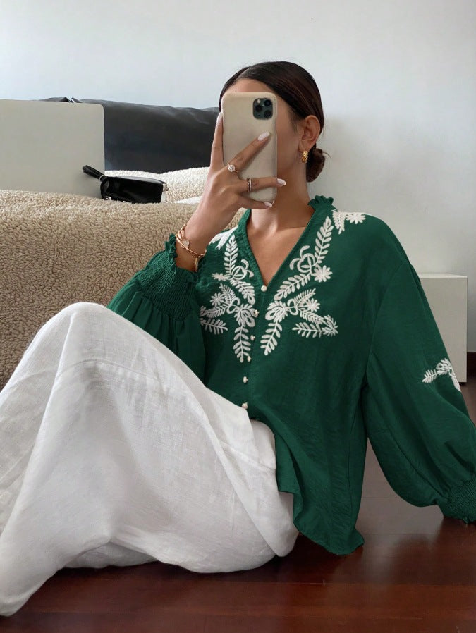 Floral Blend Blouse Boho Embroidered Puff Sleeve