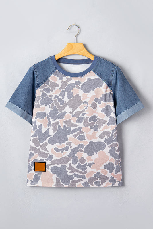 Multicolour Camouflage Print Denim Color Block Sleeve Casual Tee