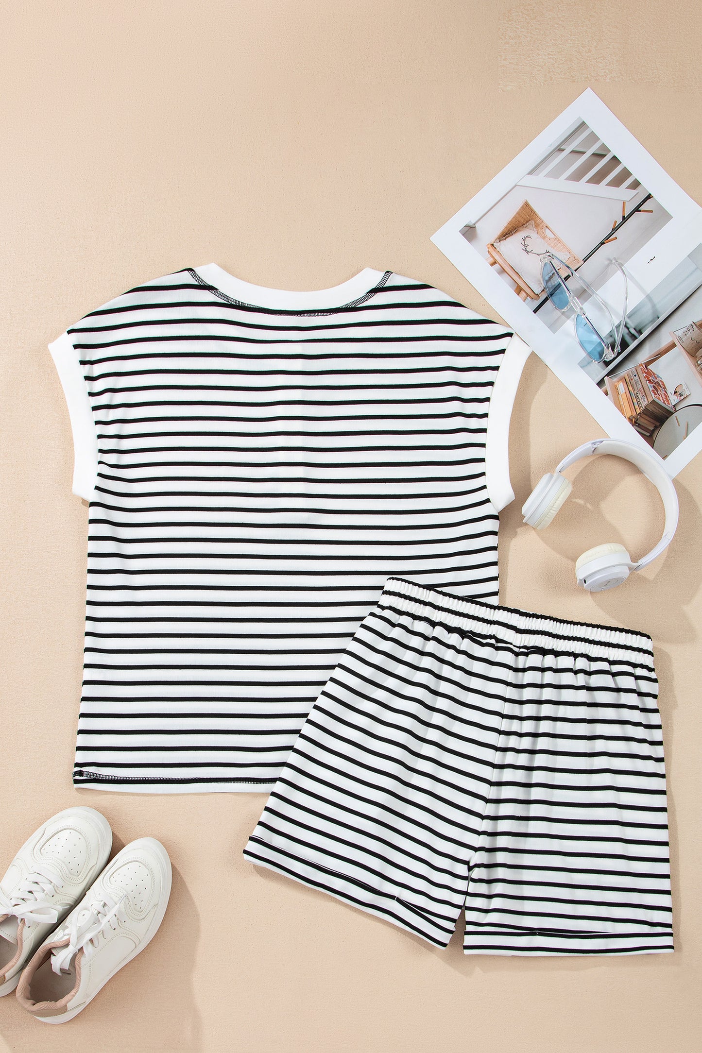 Brown Stripe Half Buttons Top and Shorts Set