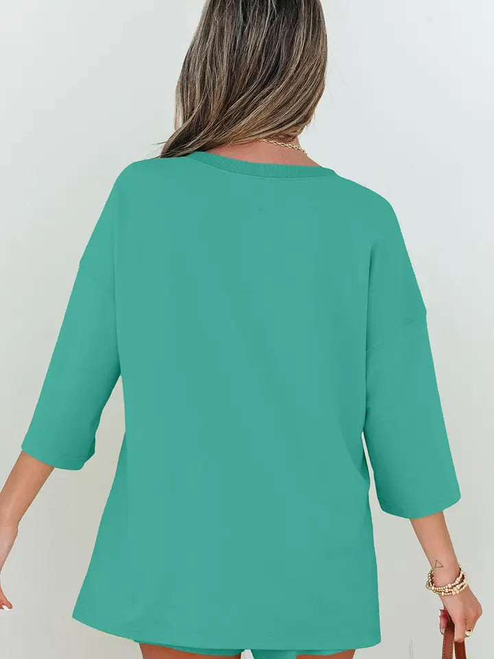 Meadow Mist Green Solid Loose V Neck Half Sleeve Tee and Shorts
