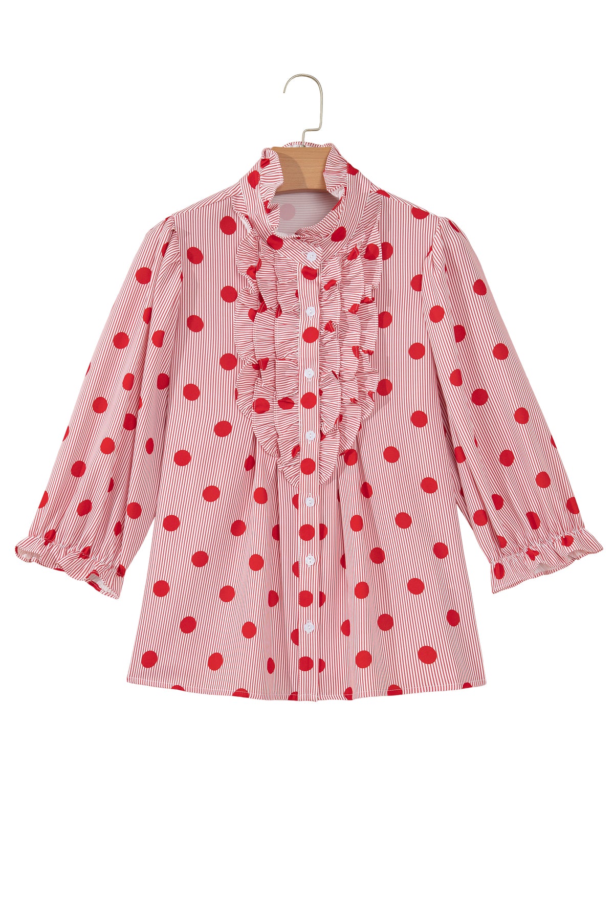 Black white Polka Dot Striped Print Ruffle Stand Neck 3/4 Sleeve Shift Shirt