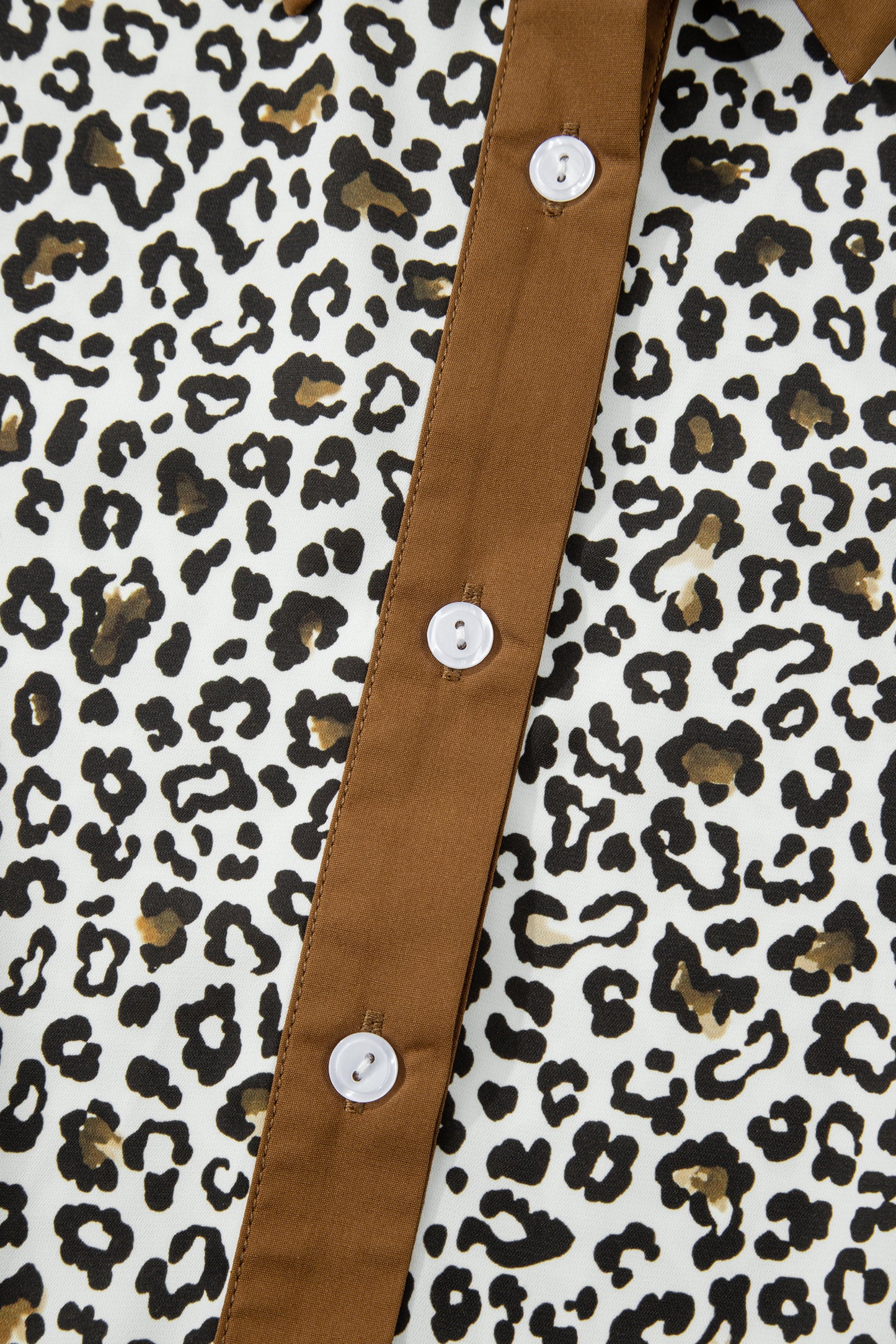 Khaki Plus Size Buttoned Contrast Trim Puff Sleeve Leopard Print Blouse