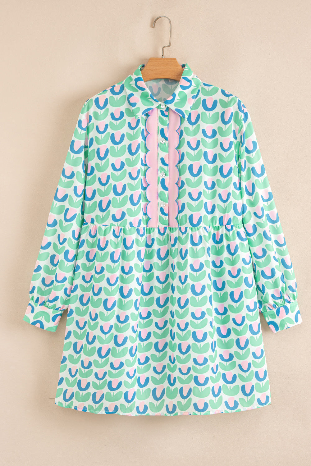 Green Floral Print Notched Neck Scalloped Detail Long Sleeve Mini Dress