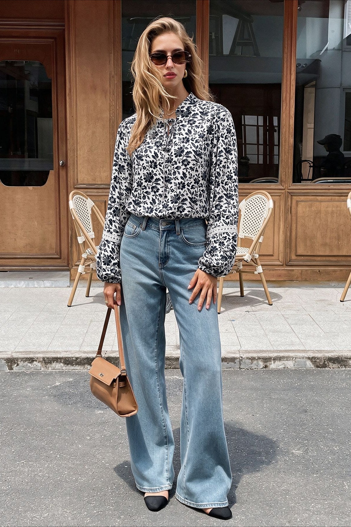 Women's Floral Tie Neck Balloon Sleeve Blouse