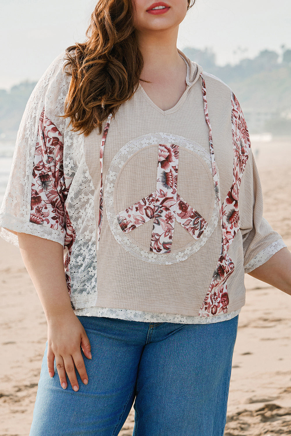 Floral Peace Sign Graphic Lace Patch Ribbed Plus Size Hooded Top