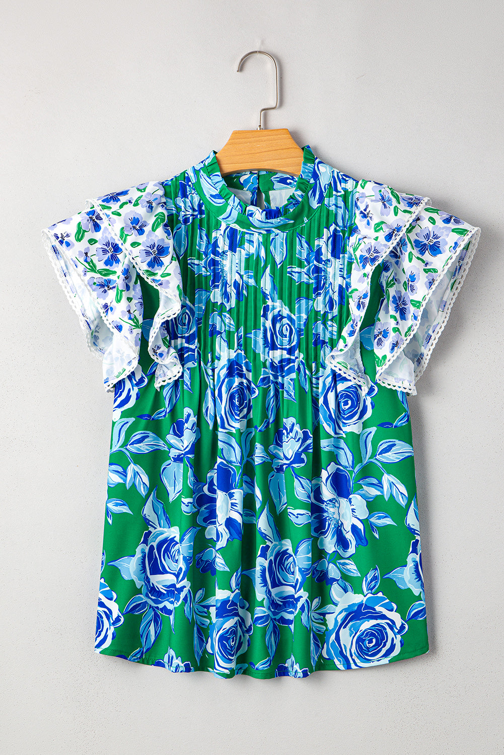 Green Floral Print Lace Trim Contrast Ruffle Sleeve Pleated Loose Blouse