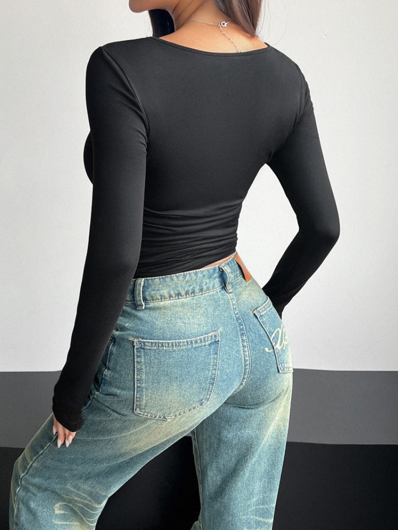 Women's Square Neck T Shirt Pullover Fitted Casual Top