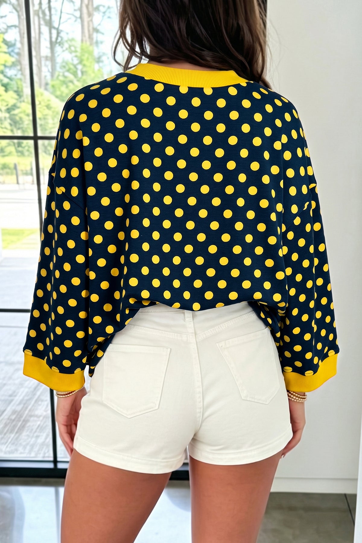 Blue Polka Dot Print Contrast Trim Round Neck Bracelet Sleeve Top