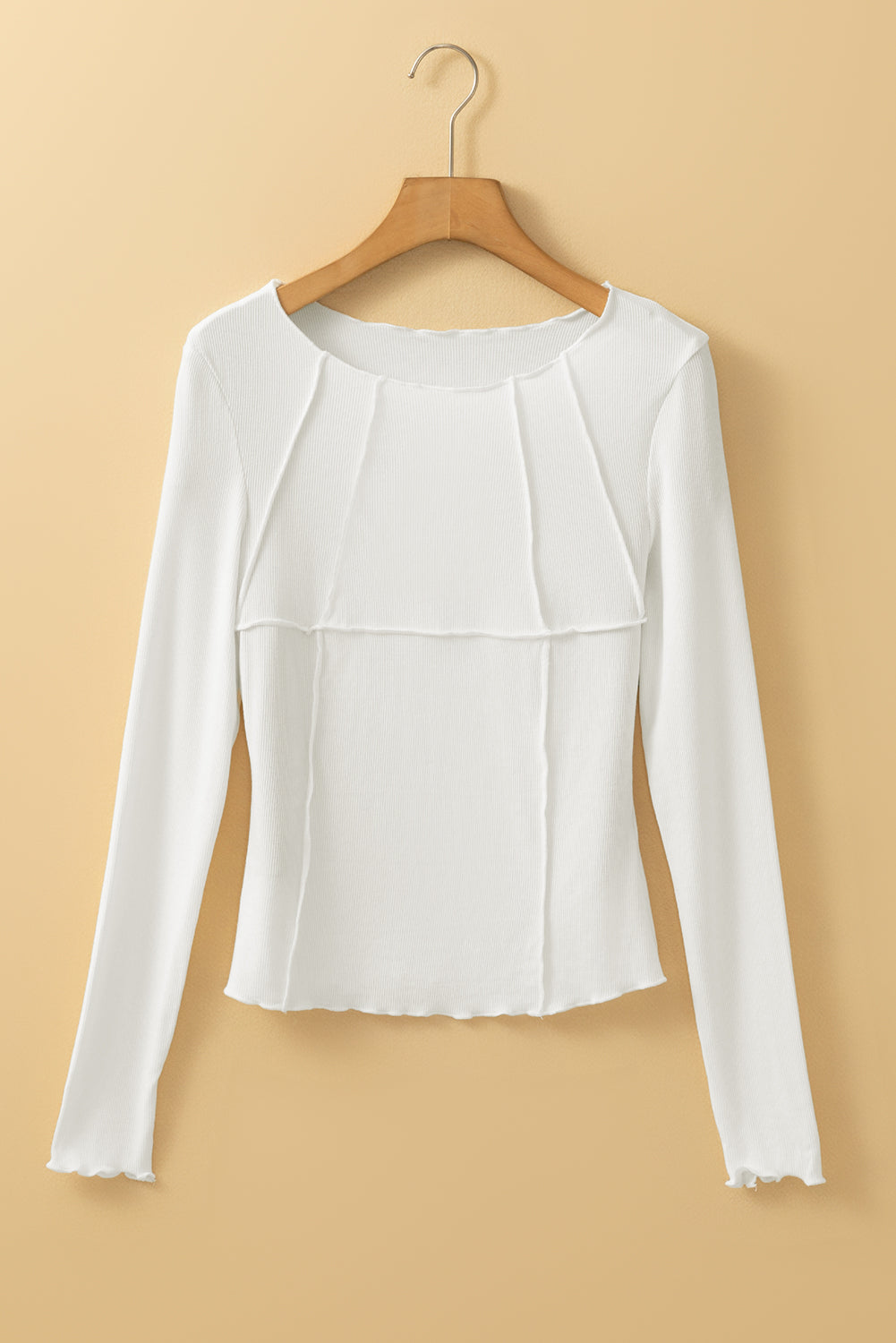 White Exposed Seam Ribbed Knit Slim Fit Long Sleeve Top