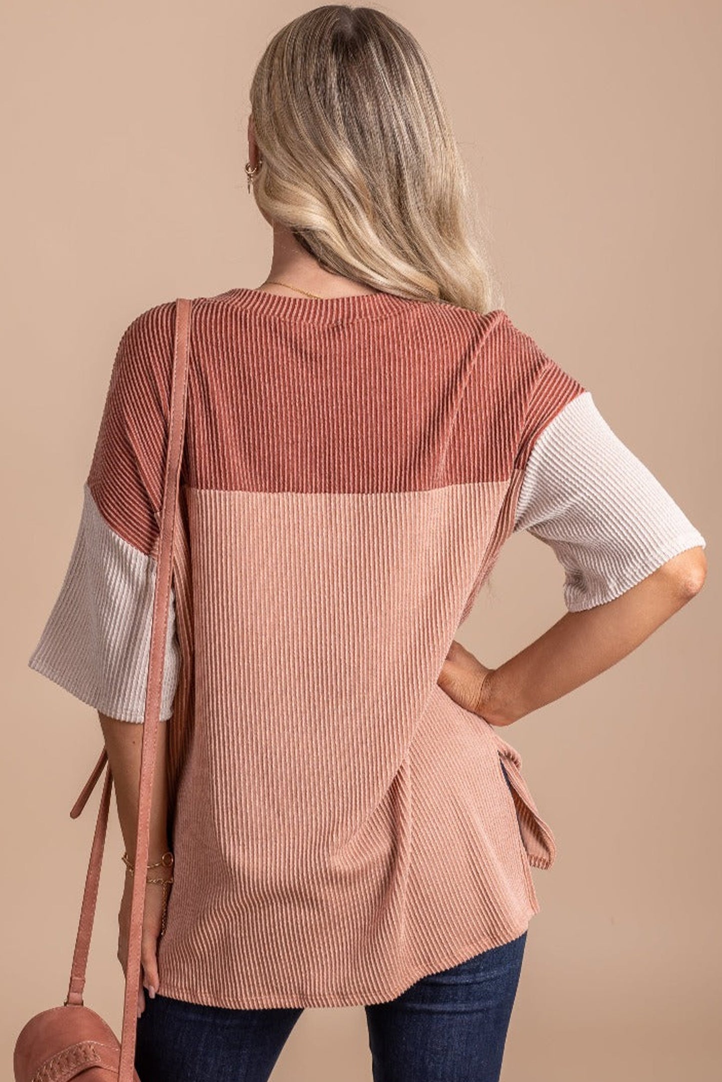 Mint Green Color Block Ribbed Side Slits Half Sleeve Top