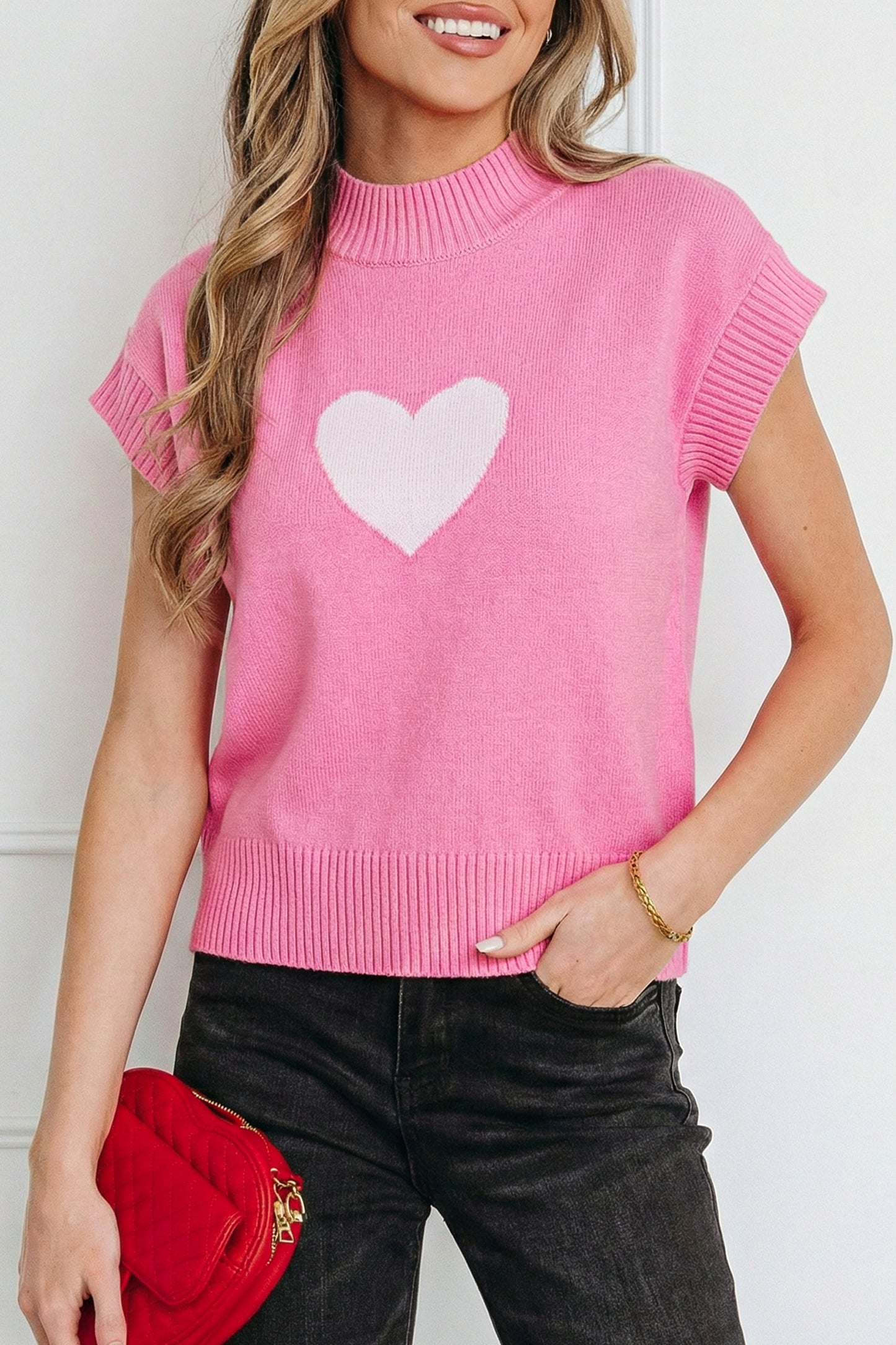 Fiery Red Valentine Heart Graphic Cropped Short Sleeve Sweater