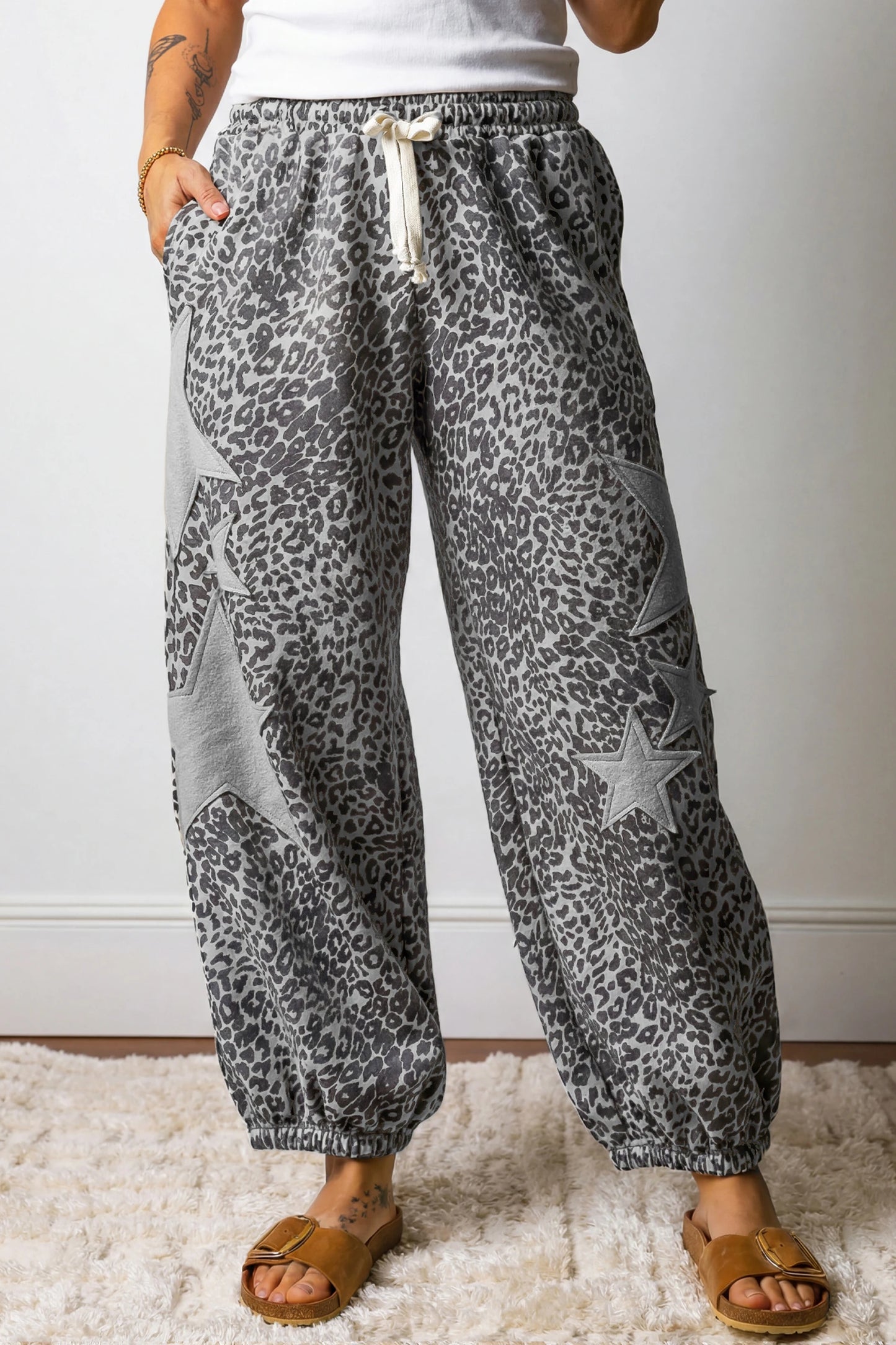 Leopard Print Star Patched Drawstring Elastic Waist Jogger Pants