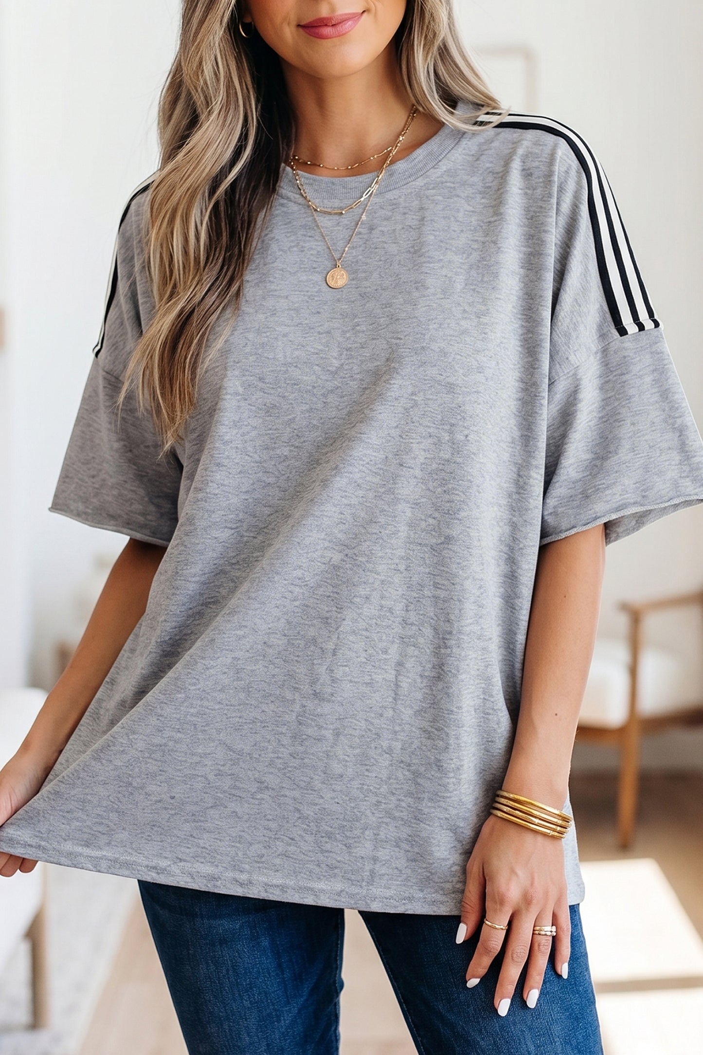 Patchwork Blend Tee Casual Oversized Striped Sleeve Top