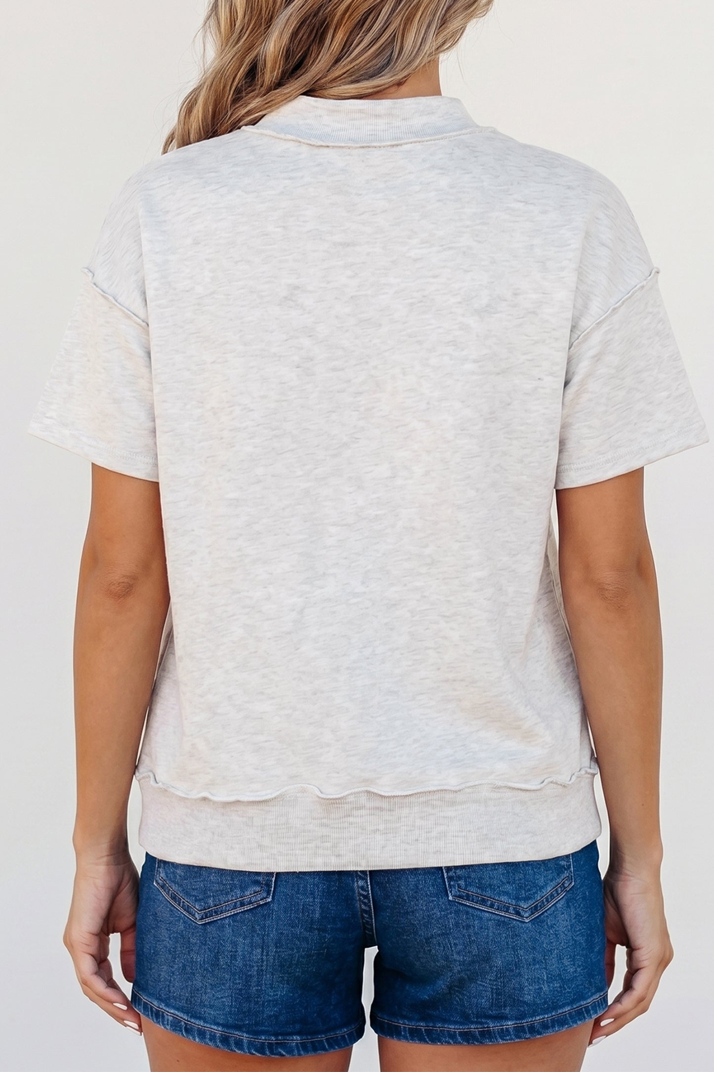 Solid Cotton Blend Tee High Neck Raw Hem Top