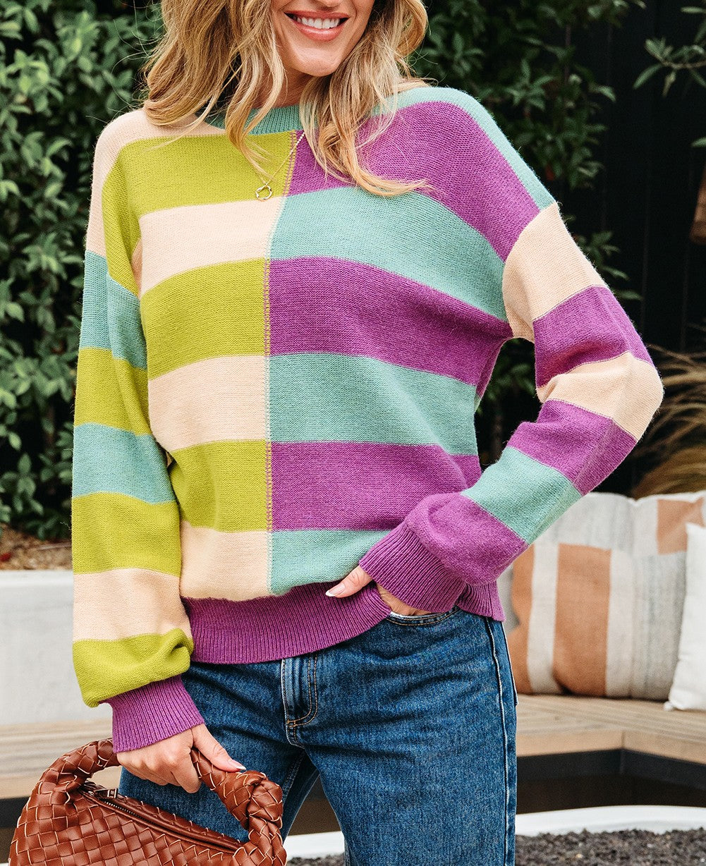 Green Stripe Drop Shoulder Ribbed Edge Casual Sweater
