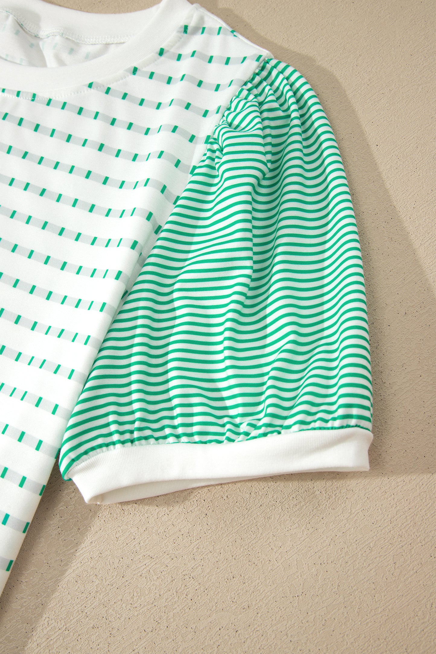 Green Stripe Puff Sleeve Textured Boutique Tee