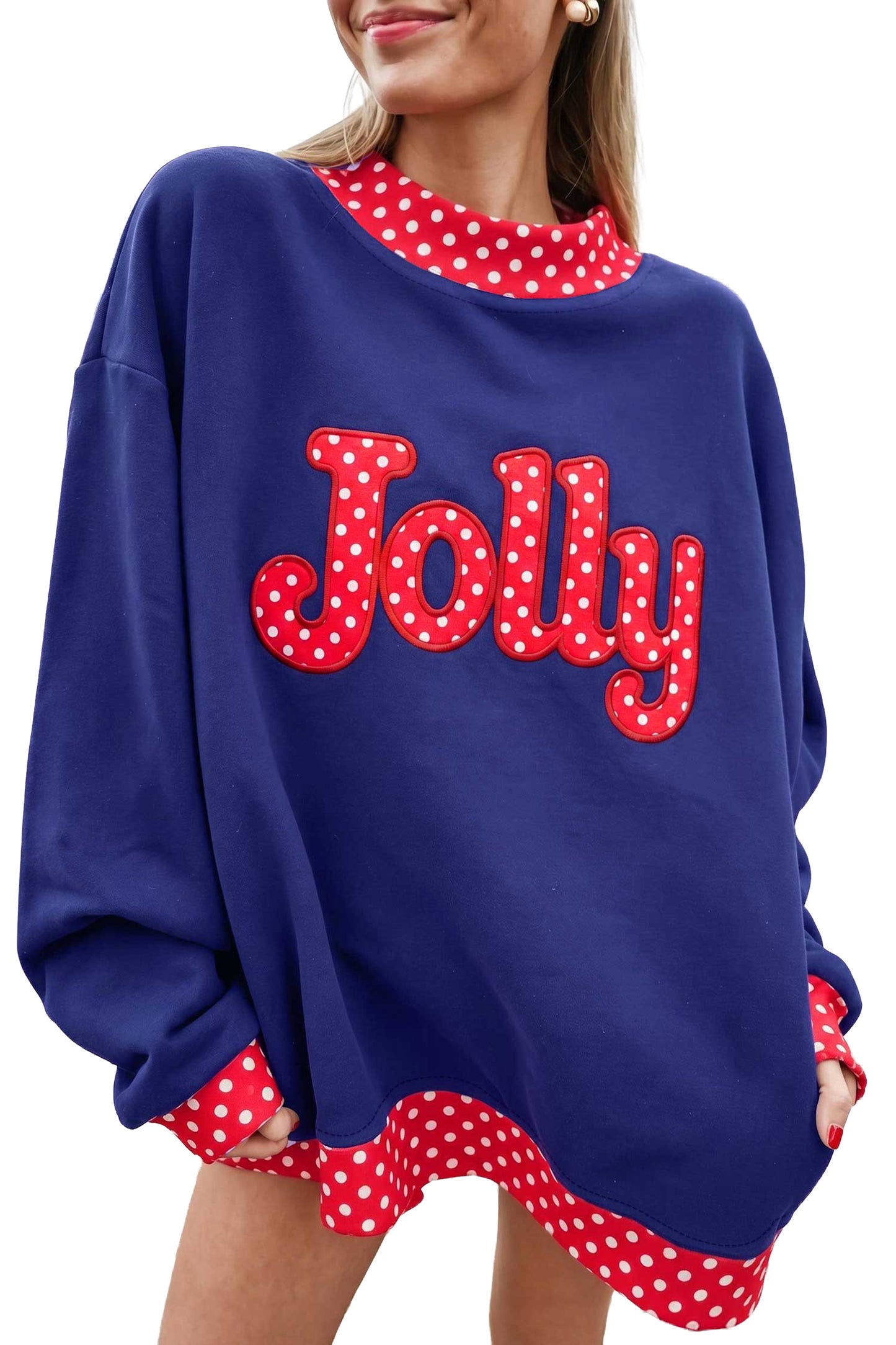 Tomato Red Polka Dot Letter Print Contrast Trim Mock Neck Sweatshirt