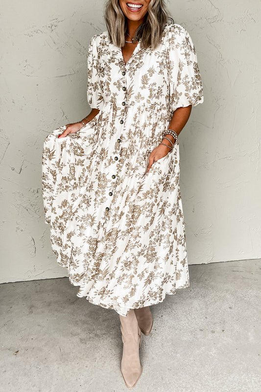 Khaki Floral Puff Sleeve V Neck Buttoned Front Maxi Dress