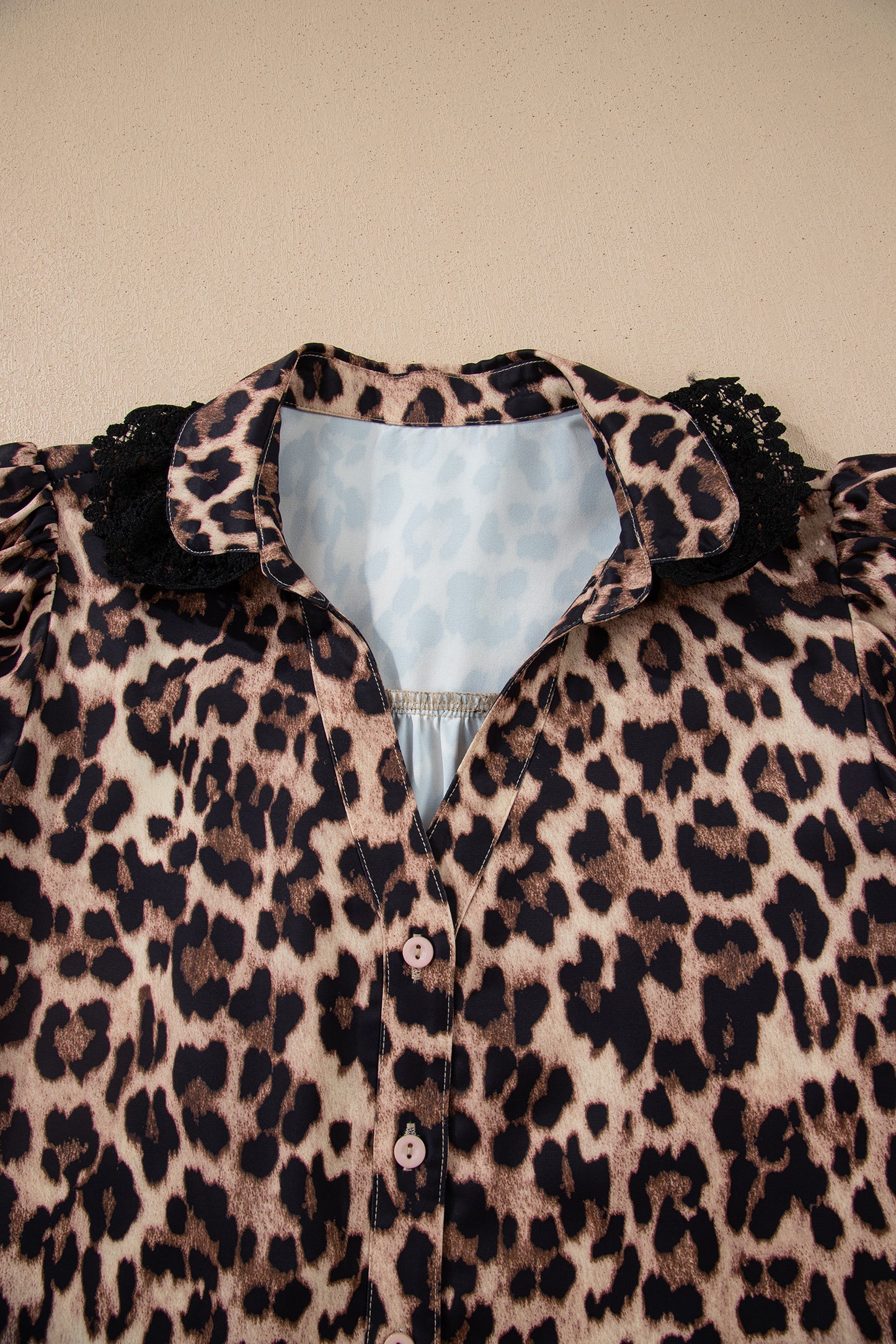 Brown Leopard Print Button Down Lace Trim Short Sleeve Shirt
