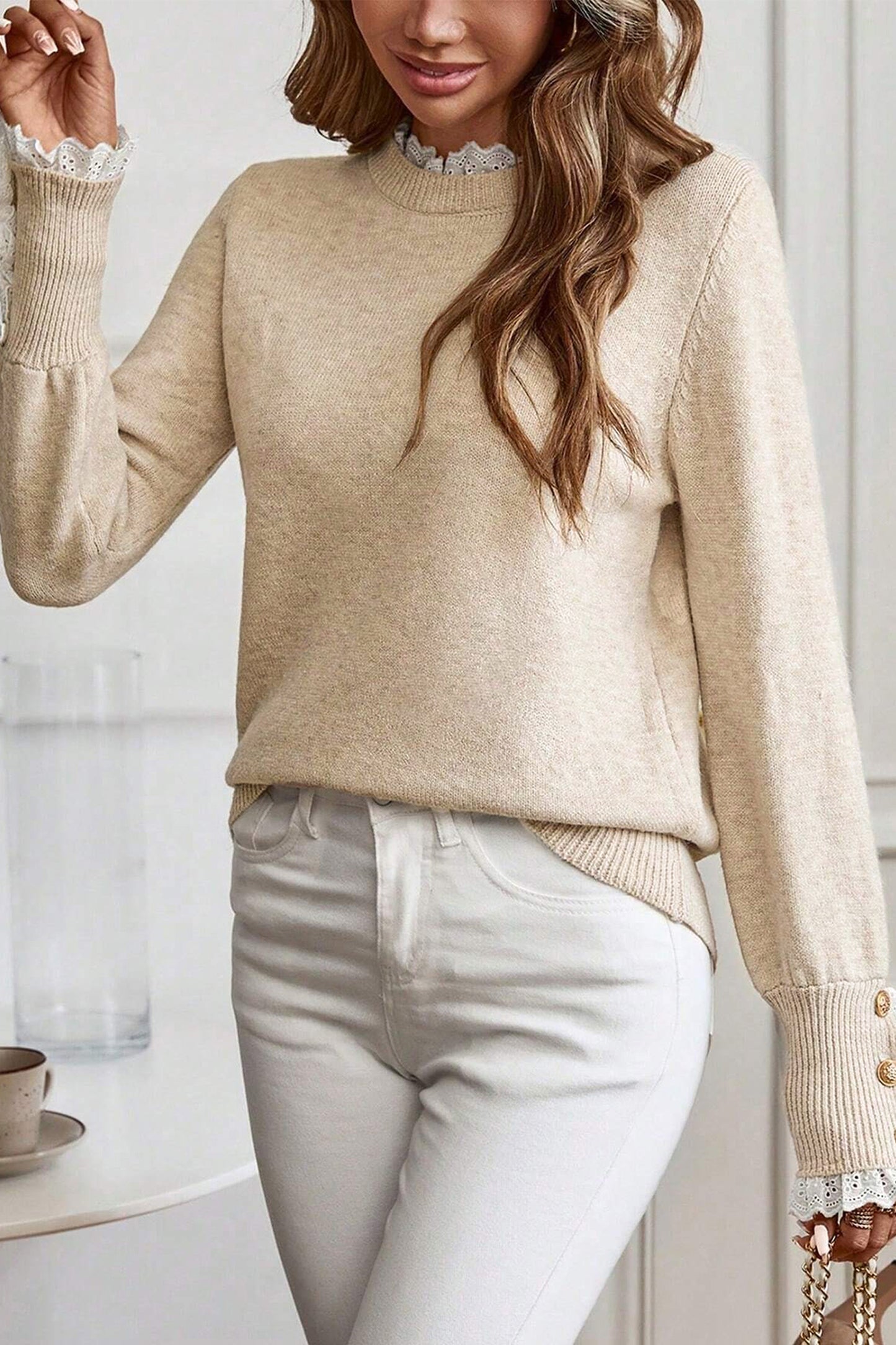 Jet Stream Lace Trim Patchwork Buttoned Cuffs Loose Sweater