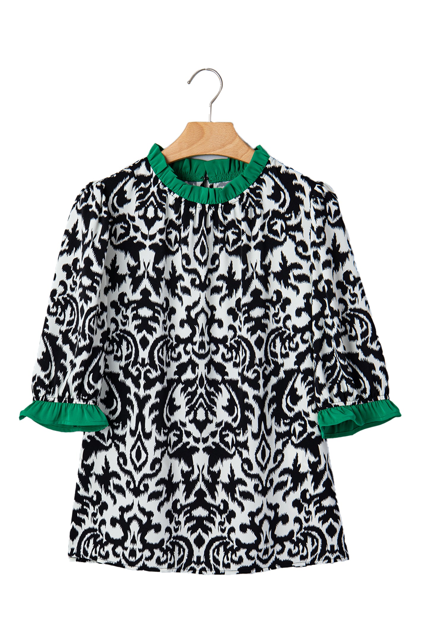 Black Damask Print Ruffled Color Block Detail Half Sleeve Blouse