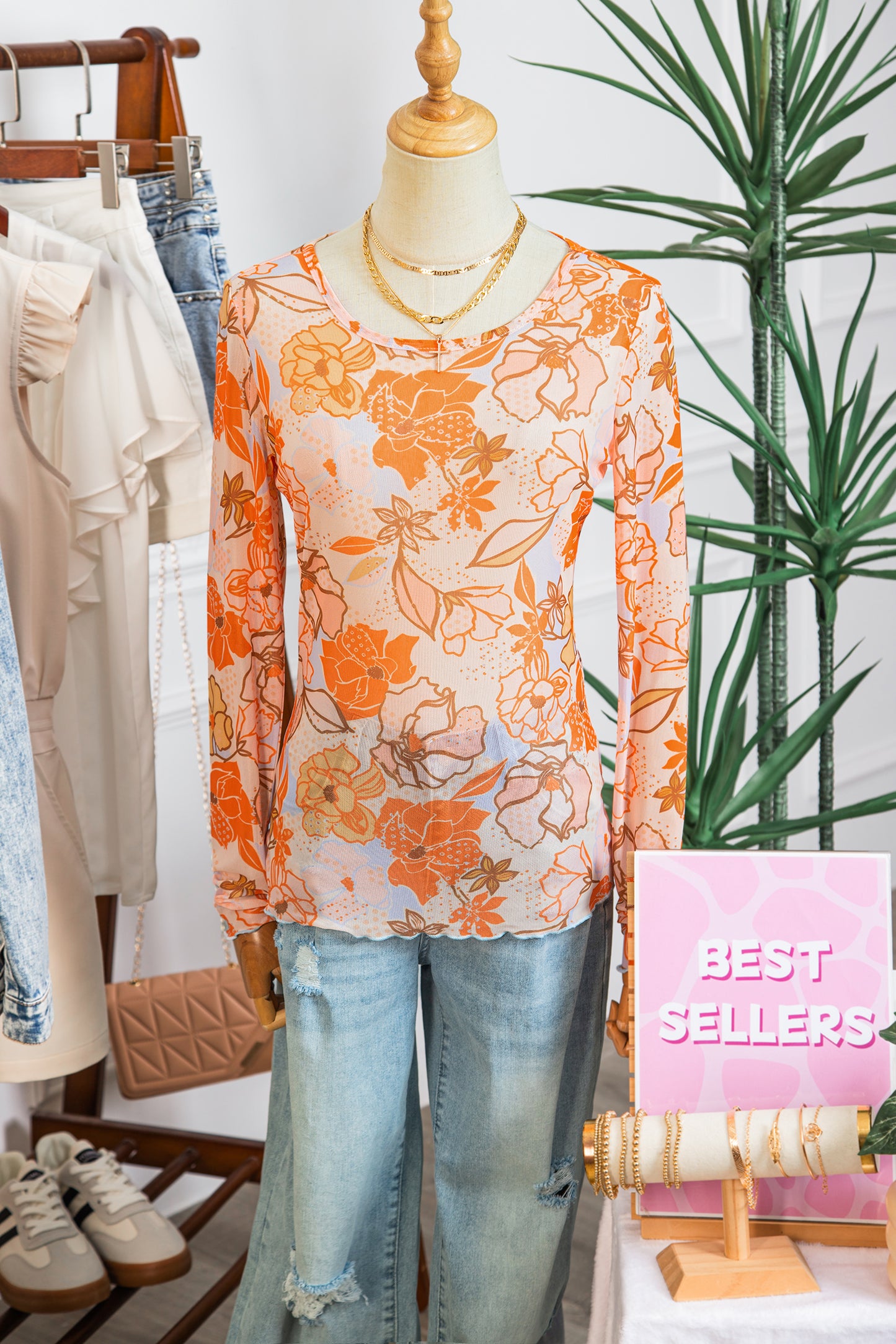 Multicolour Floral Print Lettuce Trim Slim Long Sleeve Top