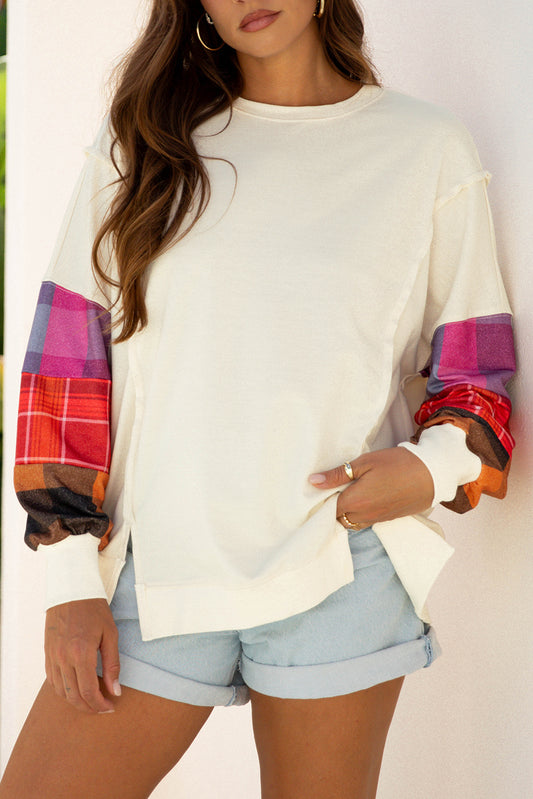 Beige Contrast Plaid Long Sleeve Exposed Seam Patchwork Top