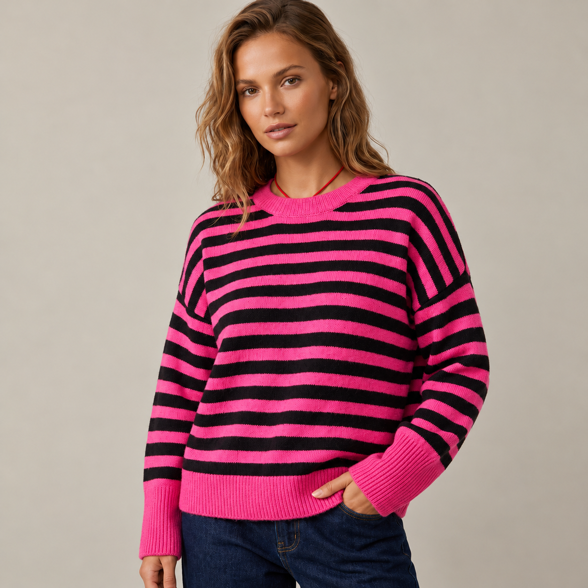 Women's Color Block Striped Oversized Crewneck Sweater