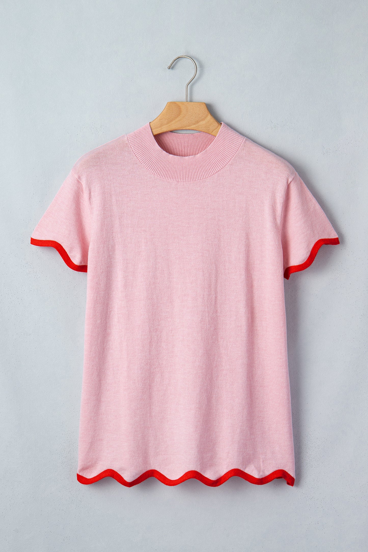 Pink Wavy Trim Stand Neck Short Sleeve Sweater Shift