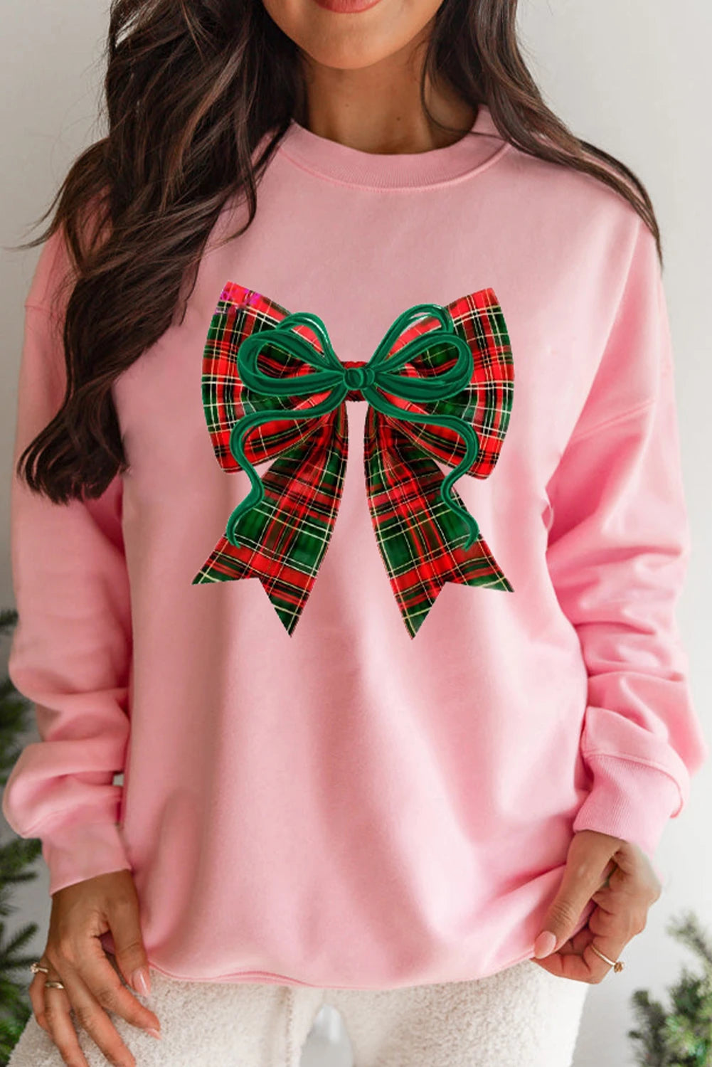 Pink Plaid Bow Christmas Vibe Print Sweatshirt